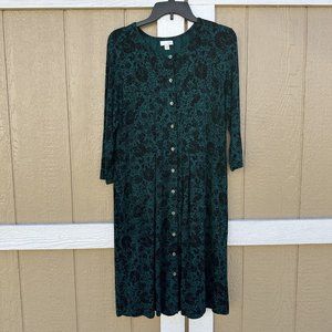 J.Jill Green Black Midi Dress Button Front Pockets 3/4 Sleeves Size Medium